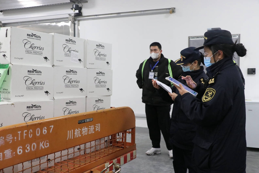 成都海关工作人员对进口车厘子进行查验.jpg